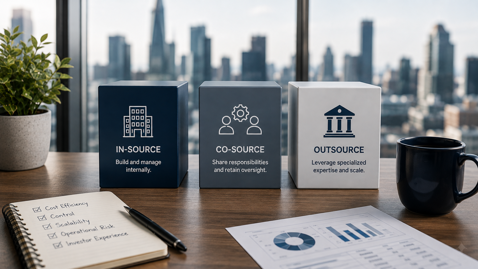 Three blocks on a desk labeled In-Source, Co-Source, and Outsource, beside a notebook checklist of cost efficiency, control, scalability, operational risk, and investor experience, with a city skyline behind